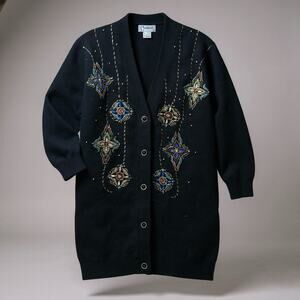 Vtg Lambswool Angora Beaded Long Cardigan Sweater Jewel Gold Medium Carducci 90s